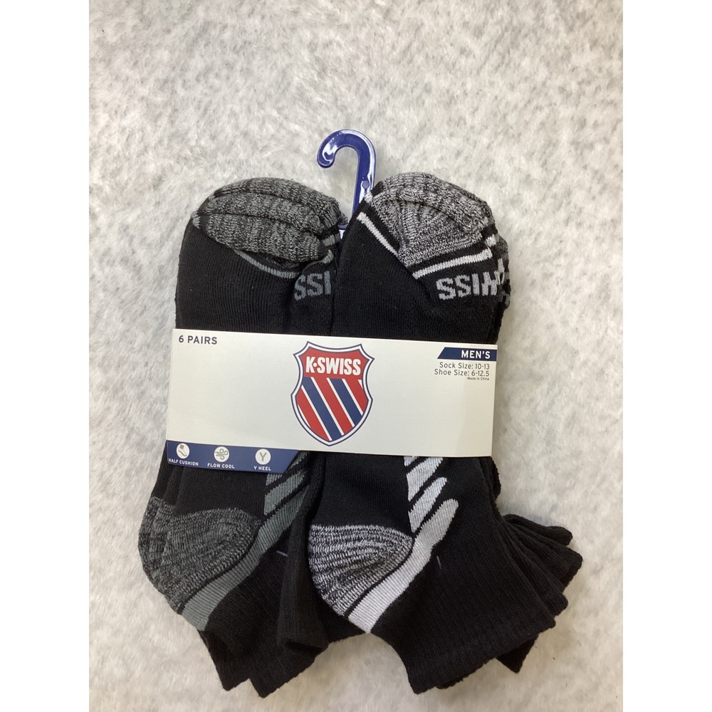 K-Swiss‎ Mens 6 Pair Performance Quarter Socks Black Grey Shoe Size 6-12.5 NEW